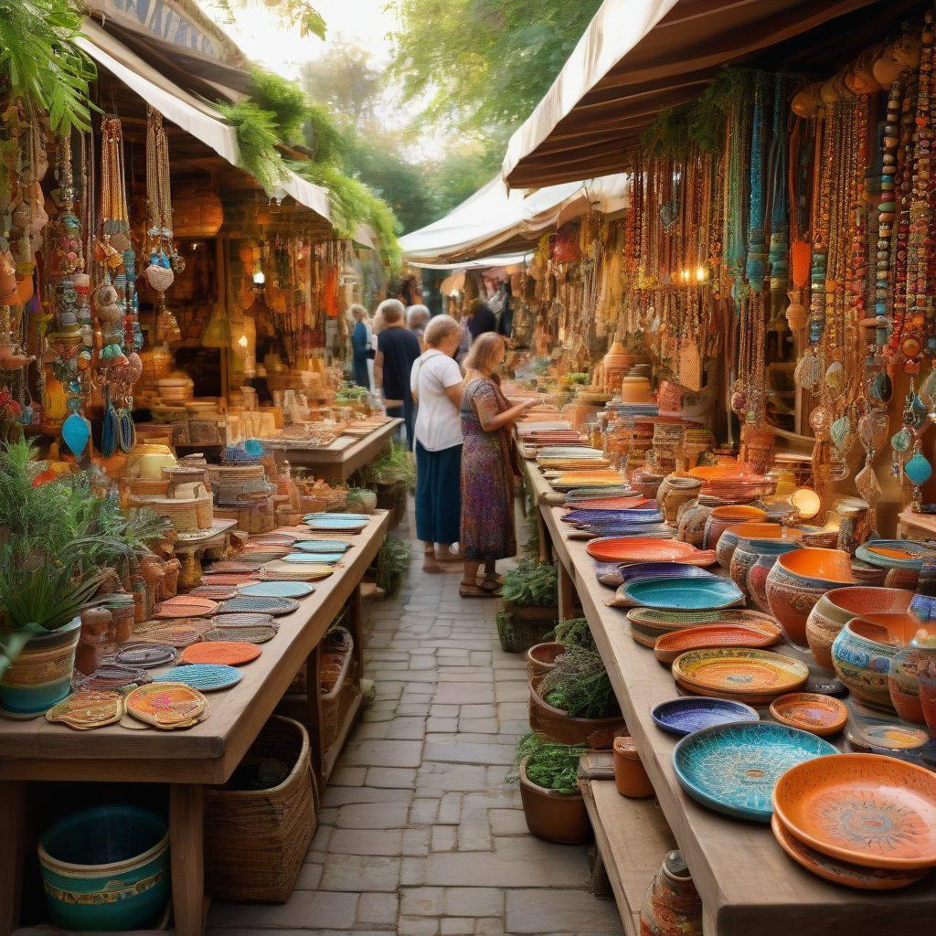 A whimsical market stall showcasing an array of handcrafted treasures, including colorful jewelry, intricate ceramics, and unique textiles. Warm, inviting lighting casts a glow on the artisanal items, while visitors admire the craftsmanship with smiles. The background is filled with lush greenery, adding a touch of nature to the scene. Emphasize vibrant colors and details in each item, evoking a sense of discovery and joy. super-realistic. vibrant colors. natural setting.