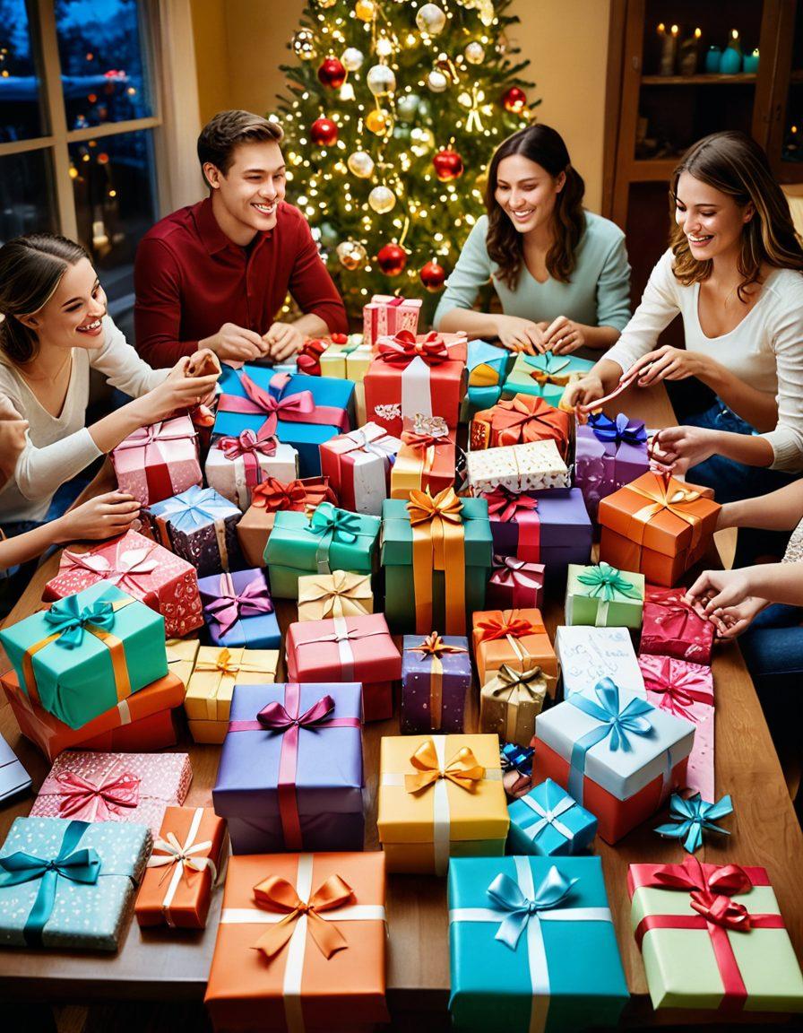 A beautifully arranged table filled with a variety of unique gifts wrapped in colorful paper, adorned with ribbons and bows. Each gift is personalized with a name tag and has distinct themes like birthdays, weddings, and holidays. Surrounding the table, joyful people of diverse backgrounds are unwrapping gifts with smiles on their faces. Soft, warm lighting enhances the festive atmosphere, making it inviting and cheerful. super-realistic. vibrant colors. cozy ambiance.