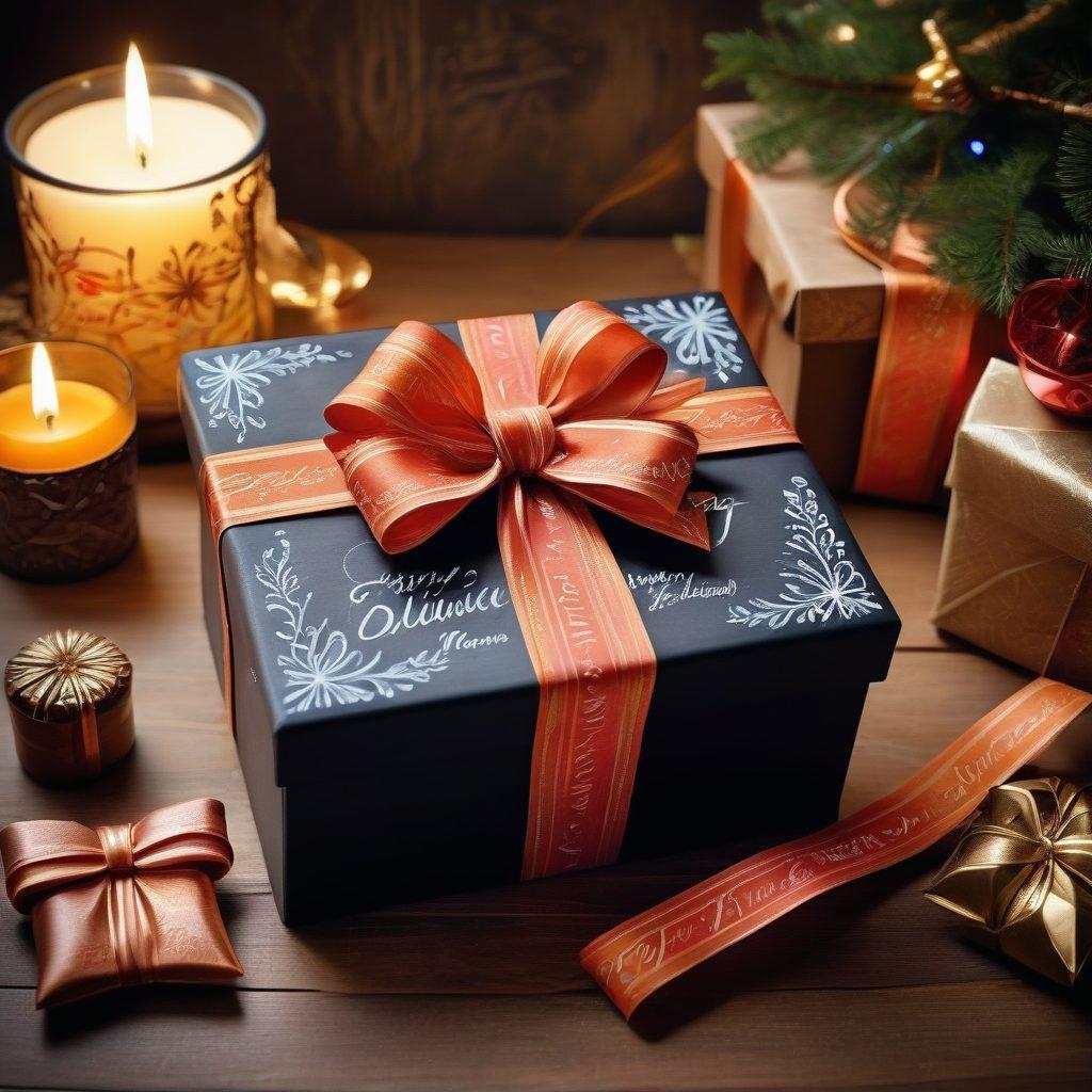 A beautifully wrapped gift box surrounded by an array of handcrafted, personalized gifts, showcasing unique variations like engraved items, custom labels, and artisanal decorations. Soft, warm lighting illuminates the scene, with a chalkboard in the background listing creative gift ideas. The atmosphere is inviting and festive, suggesting celebration and joy. super-realistic. vibrant colors. warm lighting.